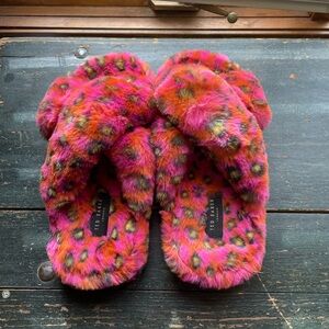 Ted Baker Pink and Orange Faux Fur Leopard Slippers